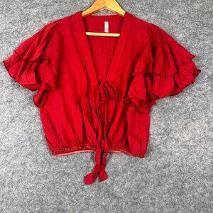 Free People Intimately Women's Maroon Top Short Ruffled Sleeves Size XS